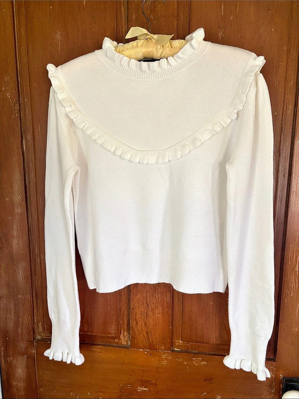 French Connection Ruffle Neck Ribbed Sweater White Medium